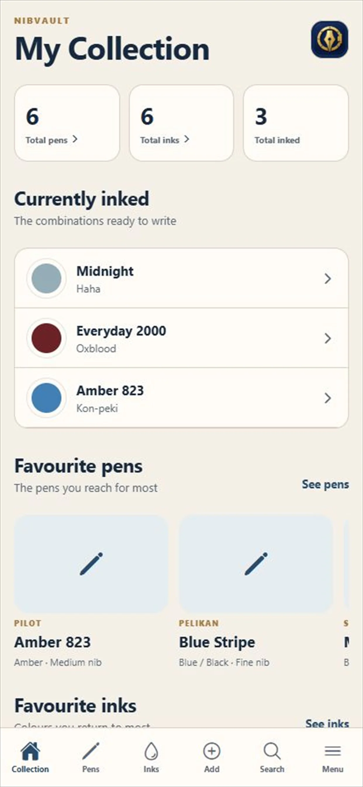 NibVault collection overview showing pens, inks and current fills