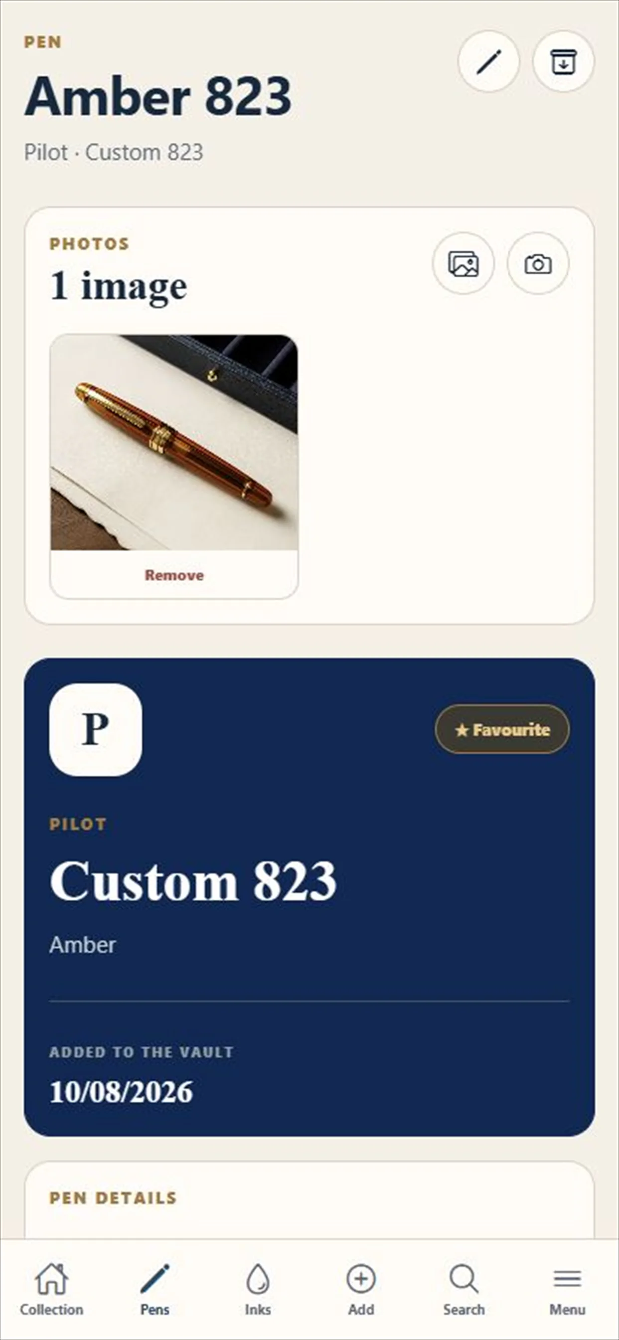 NibVault pen detail screen